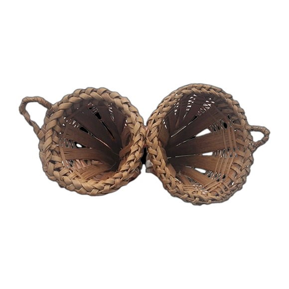Vintage Natural Handwoven Burnt Bamboo Wall Pocket Pair of Rattan Style Sconces - Picture 5 of 8